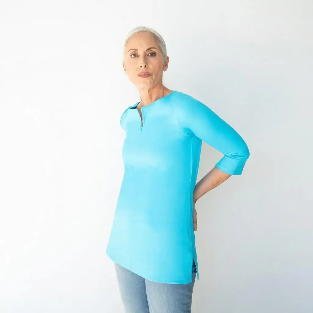 3/4 Sleeve Tunic Top for Women, V-Neck Keyhole Notch Blouse, Stretch Polyester Spandex Knit, Swing Tunic with Side Slits, Curved Hem, Relaxed Fit Solid Color Casual Everyday Shirt