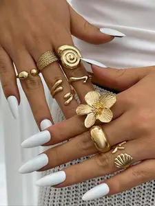 Boho Style Ocean Elements Starfish Shell Water Drop Rings Set, Vintage Creative Fashion Flower Rings, Metal Jewelry for Women