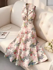 Women's Floral Print Sleeveless Midi Dress, Blazer Neck V-Neck A-Line Elegant Formal Dress Nk-Wry-6695, Dresses for Party, Perfect for Special Occasions
