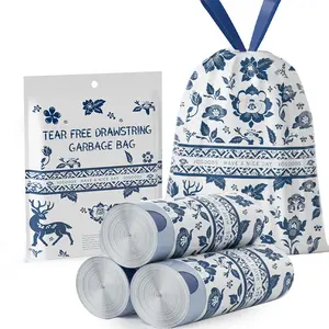 13Gallon Blue and white pattern sturdy garbage bags with drawstring closure, blue and white, odorless tall kitchen garbage bags, leak-proof, puncture-proof, tear-proof, durable closureTrash Bags for Office, Kitchen, Bedroom Trash Cans