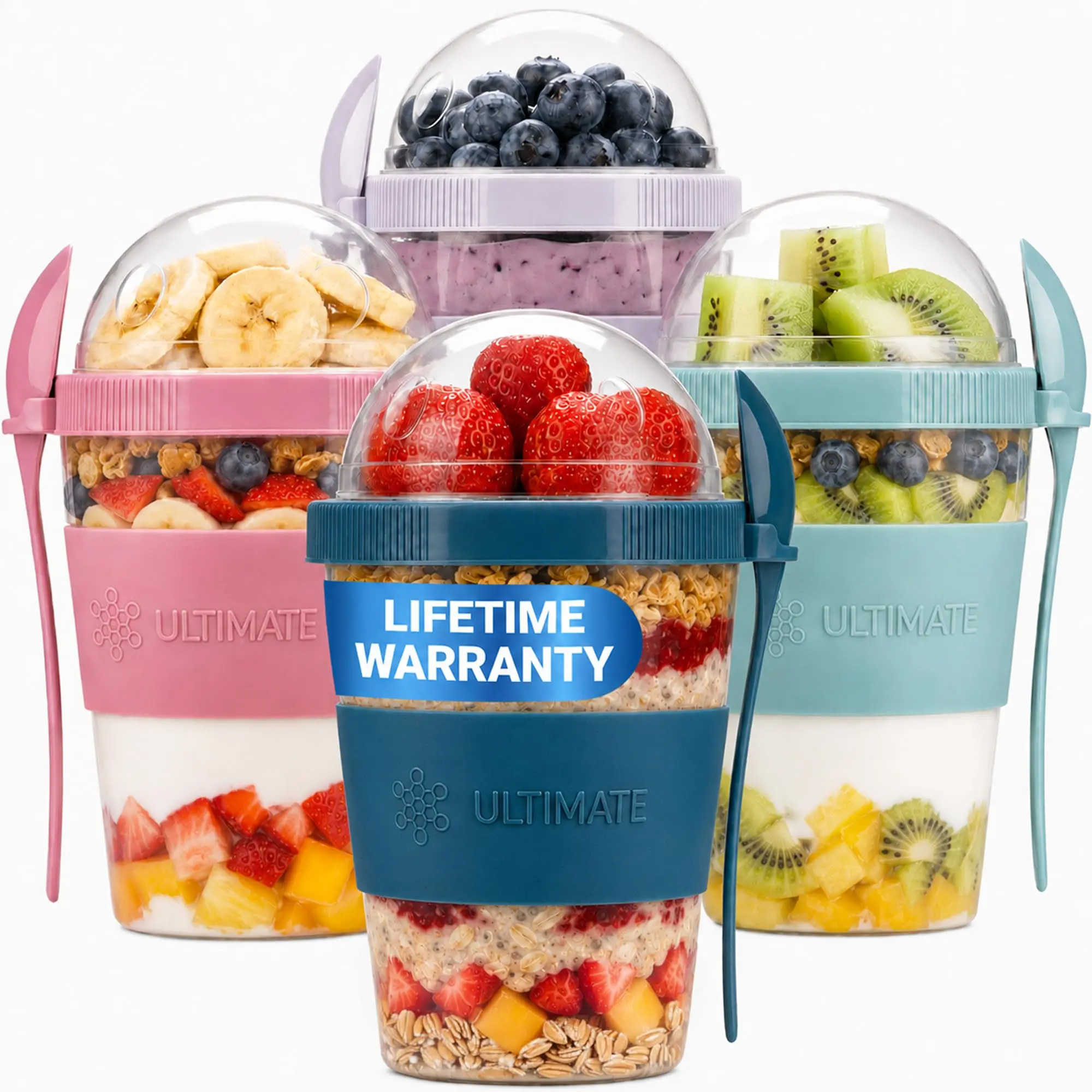 Ultimate Yogurt Parfait Cups with Lids and Spoon, 4 Pack, 20 oz (16+4) Overnight Oats Container with Topping Compartment, BPA-Free Meal Prep Containers for Breakfast, Snacks, Fruit & Chia Pudding Jars
