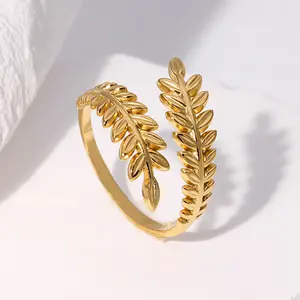 Leaf-shaped open stainless steel ring, fresh and personalized ring, wheat ear titanium steel ring with adjustable opening