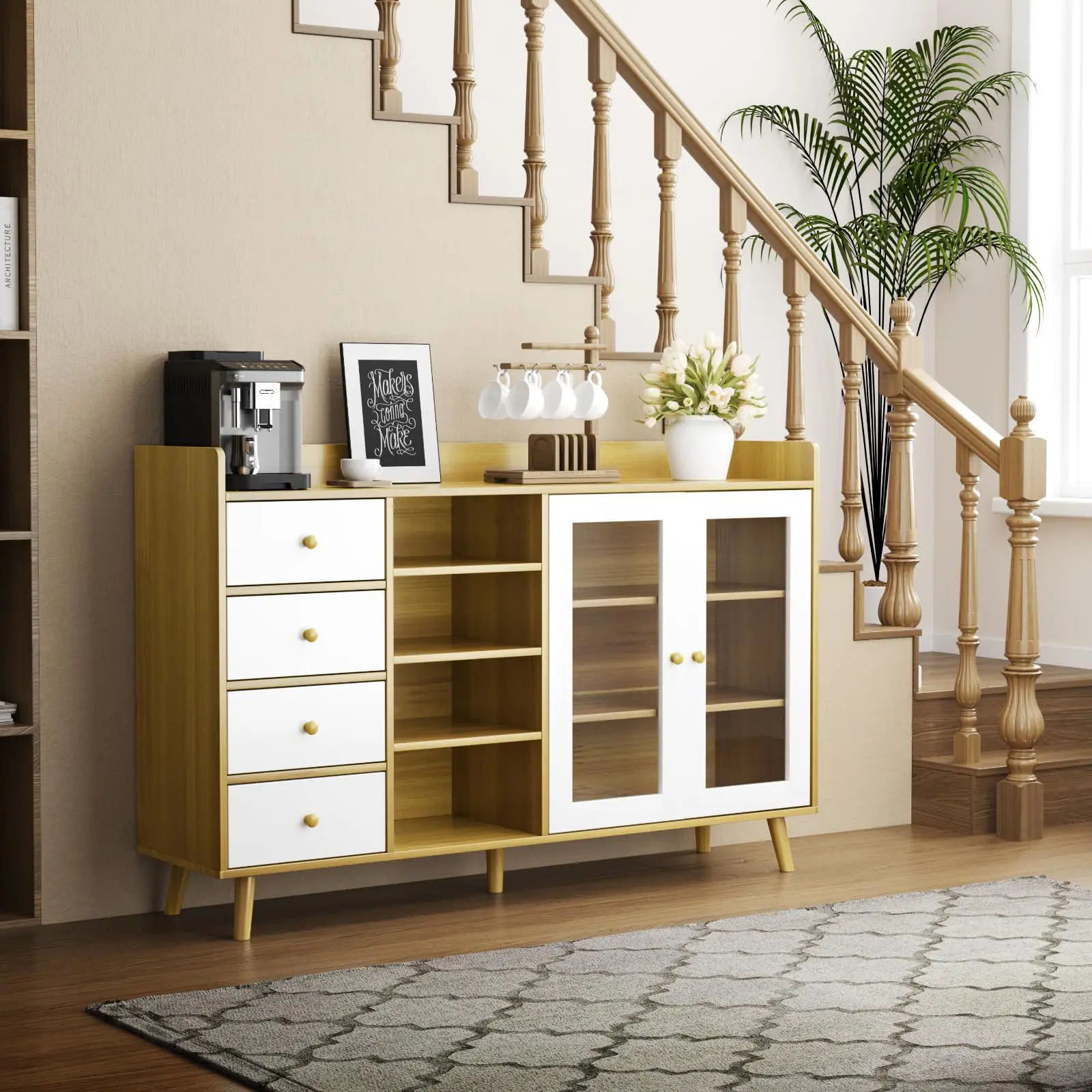 Garvee 55 Inch Farmhouse Sideboard Buffet Cabinet with Glass Doors, Adjustable Shelves, Coffee Bar Station Storage, Large Wood Kitchen Organizer in Natural or Walnut Finish