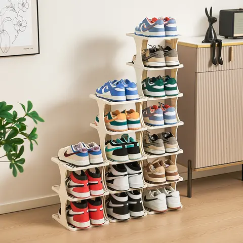 Foldable Collapsible Shoe Rack Organizer Space Saving, 6-9 Tier Vertical Shoe Storage Tower for Entryway, Dorm & Apartment, Durable PP Plastic with Non-Slip Surface, Easy Setup & Clean Adjustable Shelf