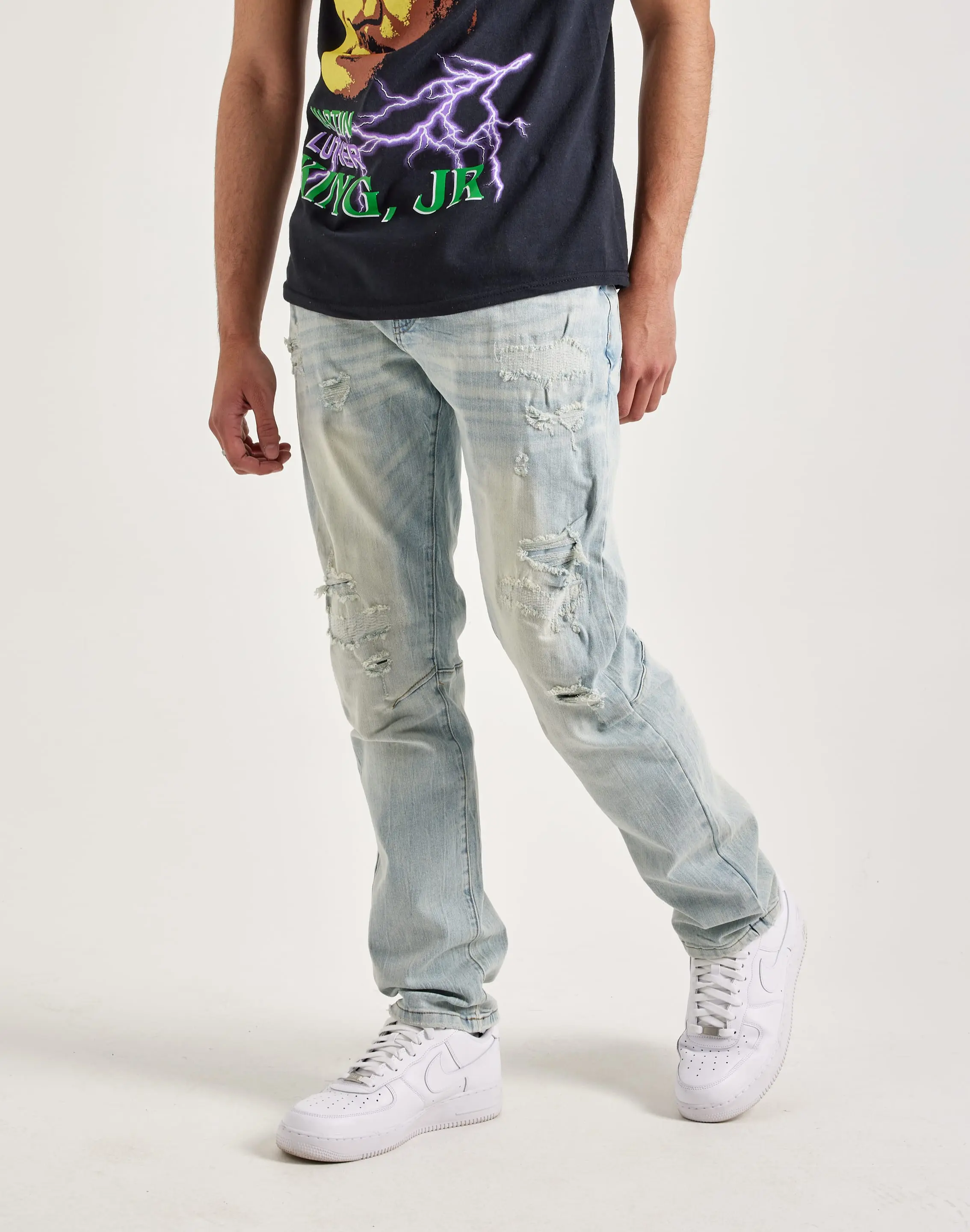 Mens Smoke Rise Vintage Bleach Effect Distressed Slim Denim Jeans