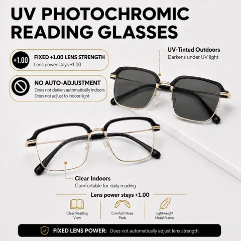 Unisex UV-Activated Photochromic Reading Eyeglasses (Fixed prescription +1.00), Lightweight Black Gold Frame, Reading Glasses for Men and Women, Anti-Blue Light UV Transition Lenses with Outdoor Tinting for Work/Travel