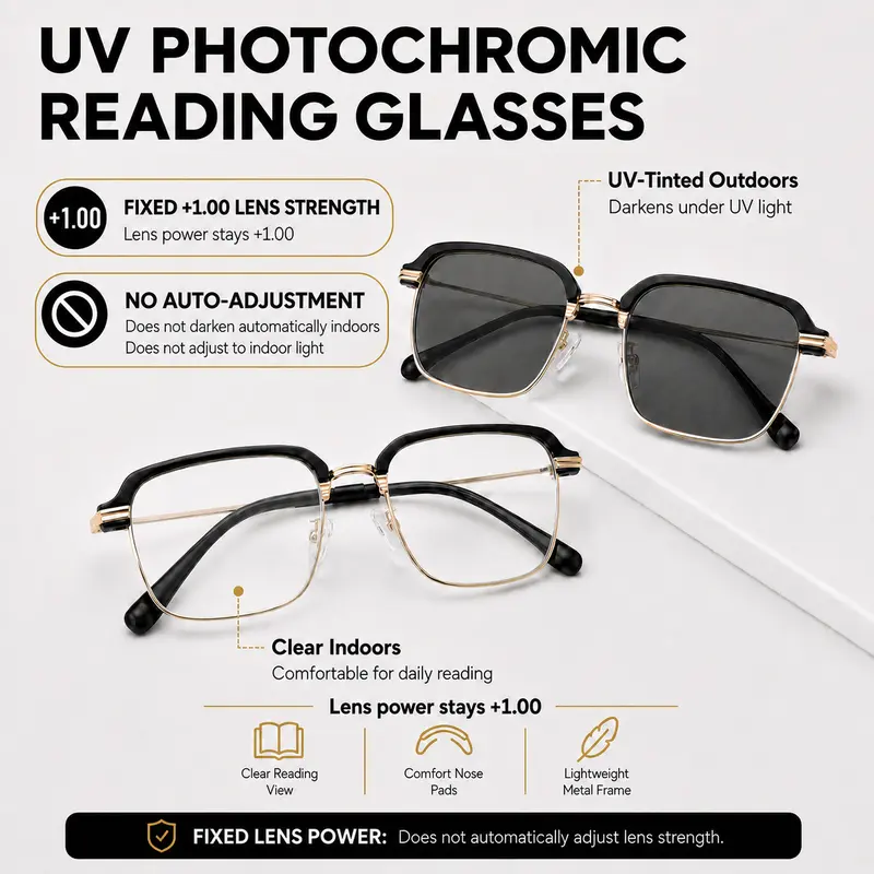 Unisex UV-Activated Photochromic Reading Eyeglasses (Fixed prescription +1.00), Lightweight Black Gold Frame, Reading Glasses for Men and Women, Anti-Blue Light UV Transition Lenses with Outdoor Tinting for Work/Travel
