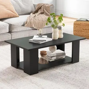 Rectangle Wood Center Table, 41" L 2-Tier Large Modern Tea Table w/Open Compartment, Easy Assembly, Accent Coffee Table for Living Room, Reception Room, Black