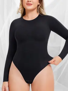Women’s Long Sleeve Shapewear Bodysuit – Seamless Crew Neck Tummy Control Body Suit Clothes Compression