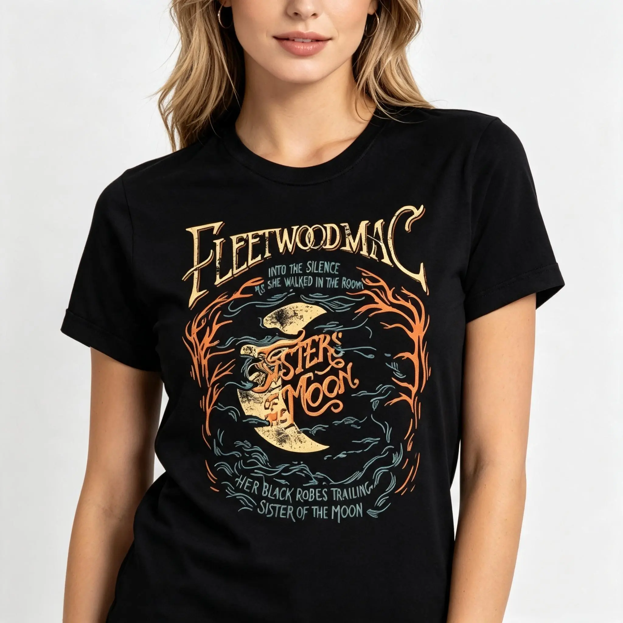 Unisex Printed Basic Cotton T-Shirt - Fleetwood Mac Sister Of The Moon Vintage Graphic, Round Crewneck Short-Sleeve, Cute Draped Retro Rock Band Casual Streetwear for Men (Chinese New Year Pick), Crew Neck
