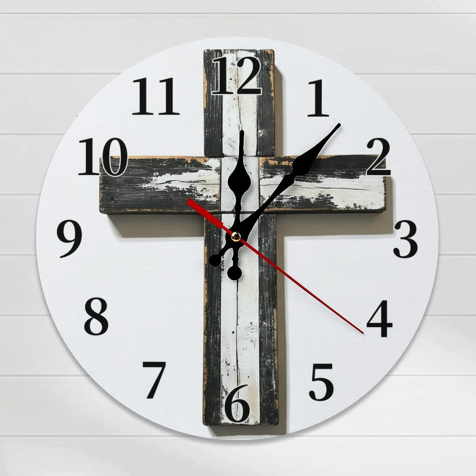 Vintage Round Silent Wall-Mounted Clock - 10/12in Rustic Wooden Cross Christian Decor for Home, Church Room Decor