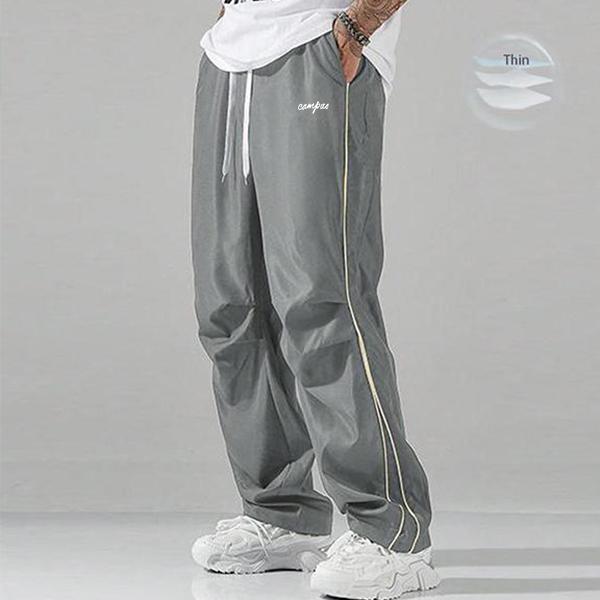 Summer Loose Sports Pants Men's Trousers Lightweight Soft Fabric Large Cut Gray Side Strips with Gold Decorative Bars Comfortable Design Casual Sporty Bottoms Gym Wear 100% Polyester