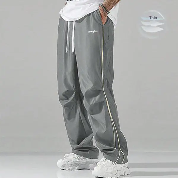 Summer Loose Sports Pants Men's Trousers Lightweight Soft Fabric Large Cut Gray Side Strips with Gold Decorative Bars Comfortable Design Casual Sporty Bottoms Gym Wear 100% Polyester