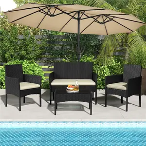 【Crazy Price】Yaheetech 4-Piece Patio Furniture Set Hand-Woven PE Rattan Conversation Set with Soft Cushions & Tempered Glass Table for Backyard Garden Poolside