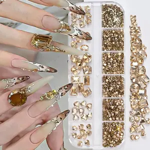 12Grid/box Champagne Gold Glass Big Heart Nail Diamond Unique Shaped Nail Rhinestone Shiny Square Butterfly Nail Crystal Decoration