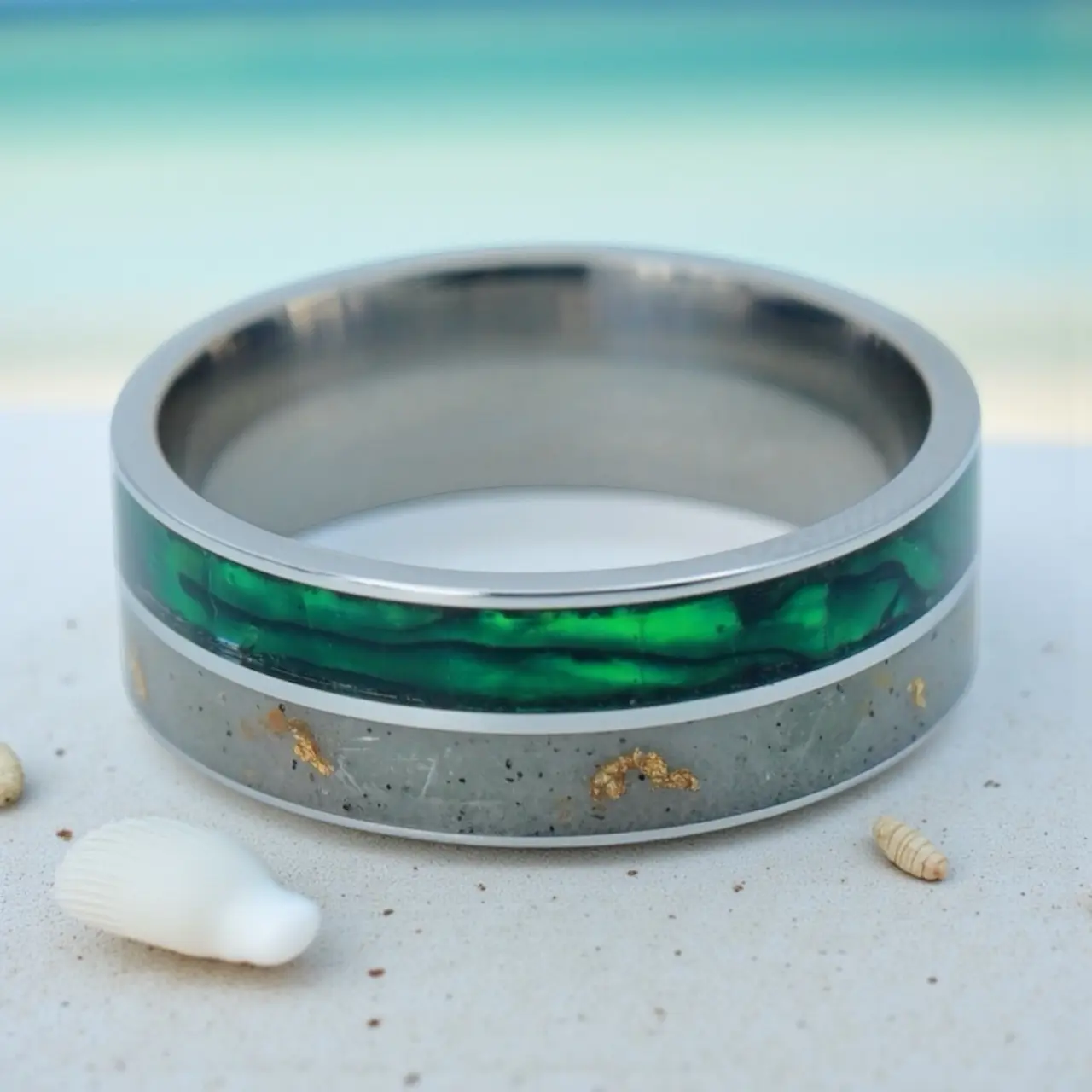 Paua Sovereign – Cobalt Ring with NZ Paua Abalone, Emerald Bay Sand & Gold Flakes
