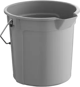 14 Qt Round Plastic Bucket, Gray, with Metal Handle, Pour Spout, for Cleaning and Gardening