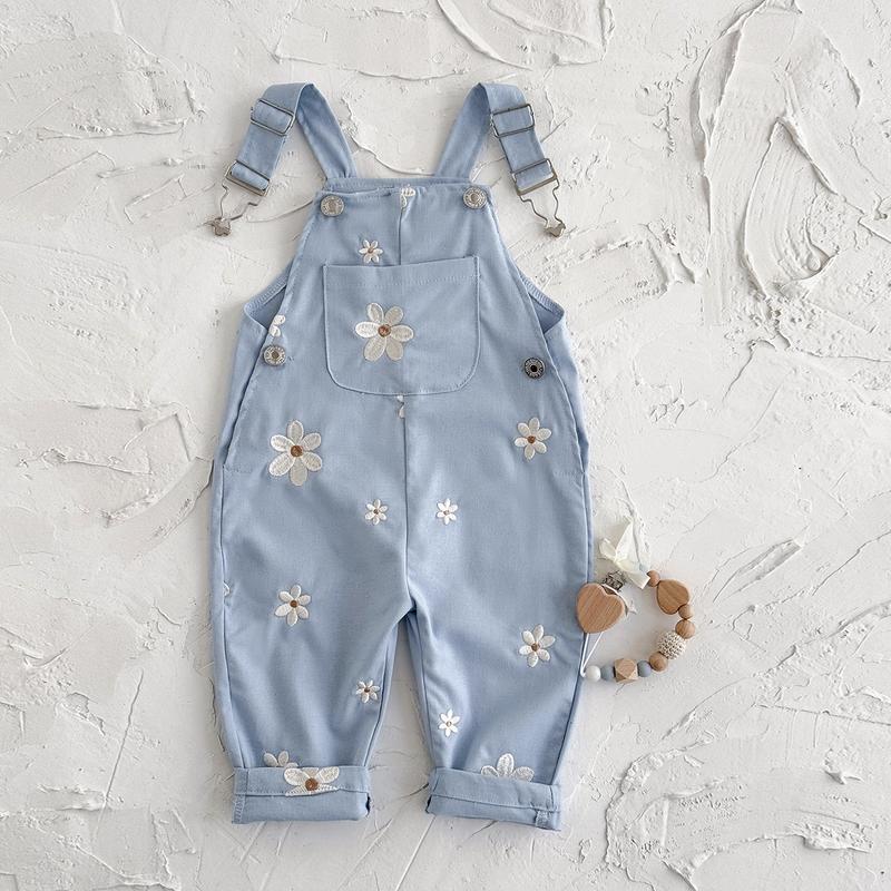 Toddler Kids Baby Boy Girl Overalls Flower Embroidery Blue Casual Loose Straps Trousers Romper Jumpsuit Spring Autumn Bodysuit