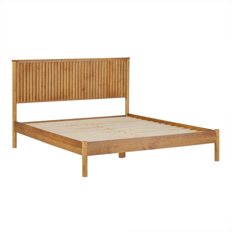 Blonde Finish Solid Pine Modern Wood Queen Standard Bed Frame - Reeded Headboard, Transitional Indoor Furniture, 41.25" h x 62.88" w x 83" l, 80 lbs, 45-Min Quick Setup, Durable, Spacious, Assembly Required