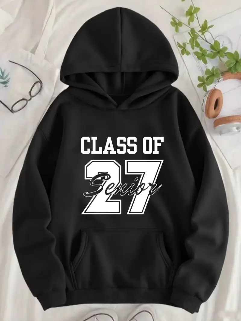 Class Of 27 Senior Varsity Letter Graphic Hoodie, Graduation Senior Year Casual Hooded Sweatshirt