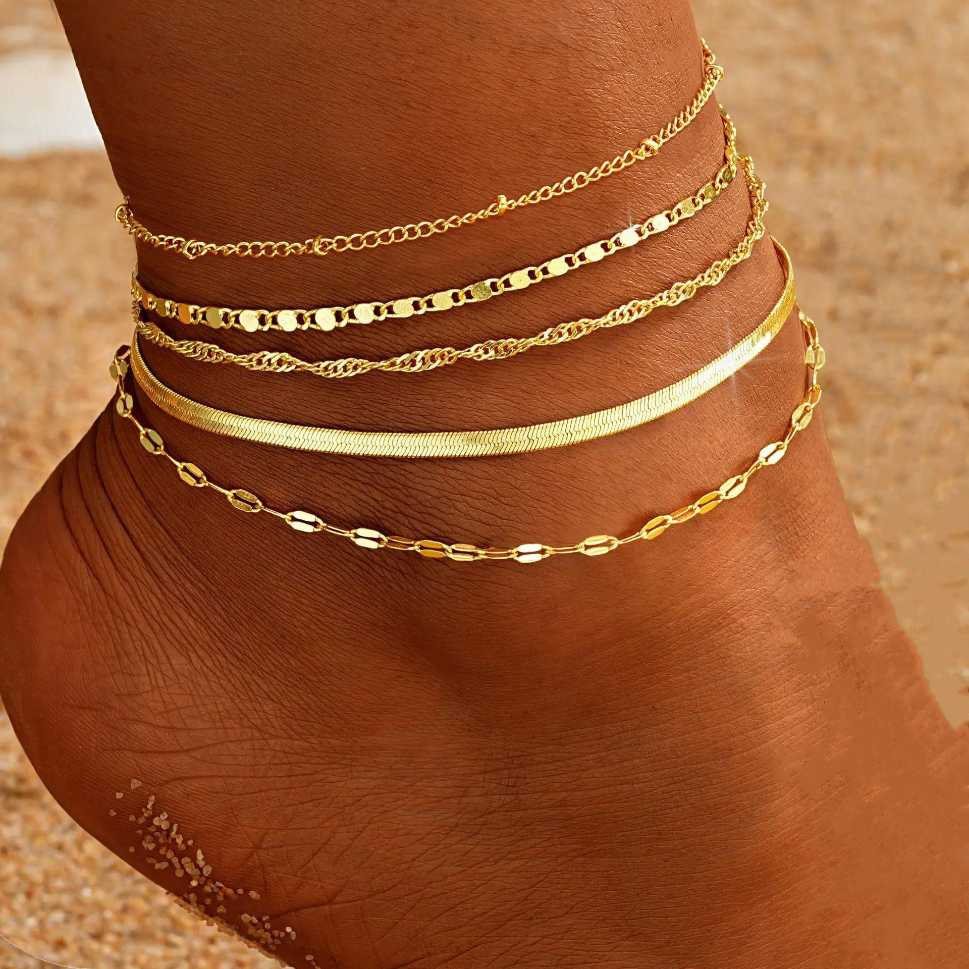 5pcs Women's Vintage Minimalist Anklets Bracelets Set - Simple Classic Ankle Bracelets, Daily Wear & Christmas Gift, Year-Round Elegant Foot Chains for Casual or Dressy Outfits