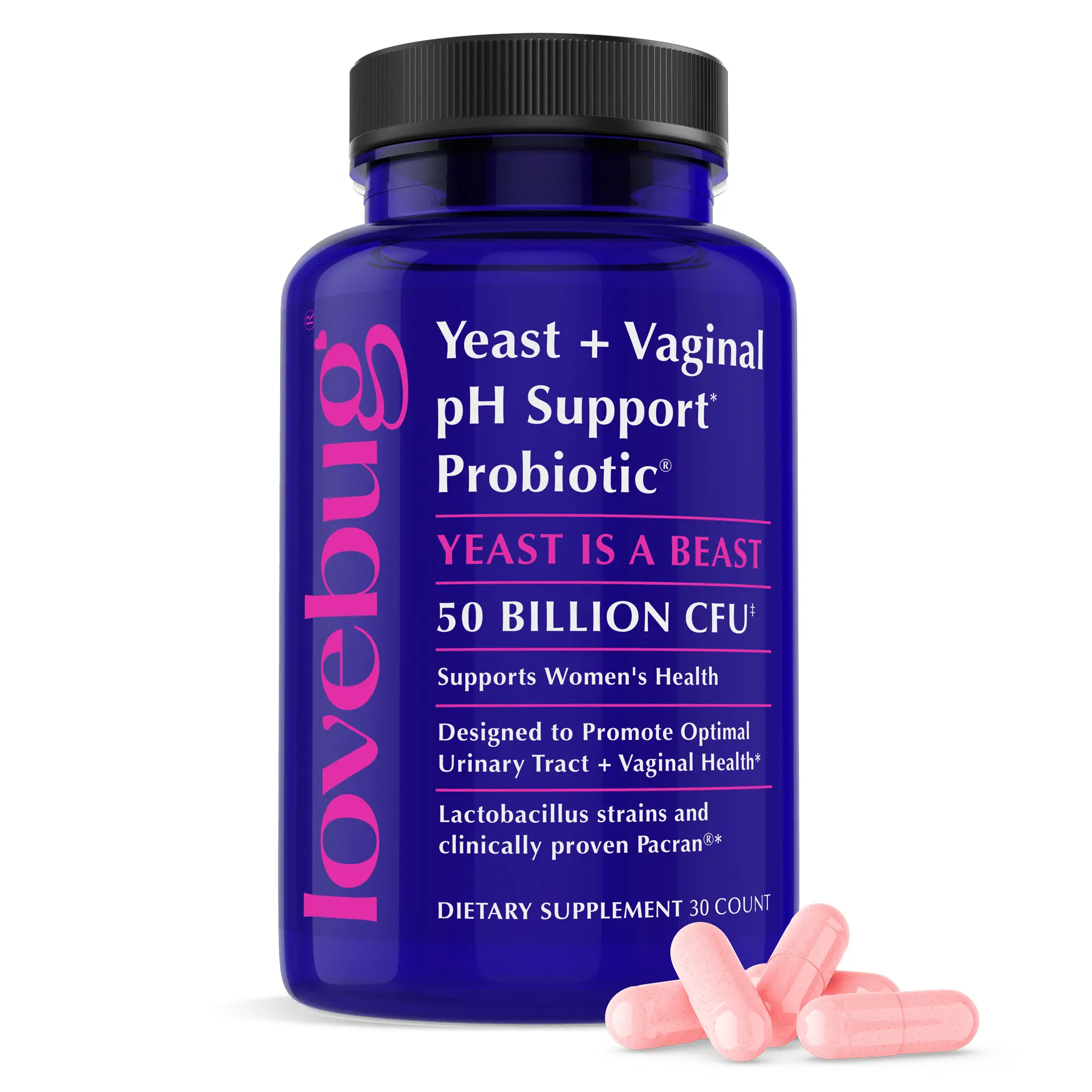 Lovebug Yeast + Vaginal pH Support Probiotic | 50 Billion CFU, 5 Strains | Clinically Studied Pacran | 30 or 60 Day Supply