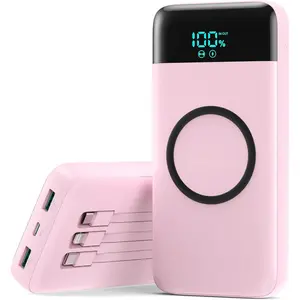Wireless Portable Charger 40800mAh for iPhone with 3 Built-in Cables,7-in-1 15W Wireless Charging USB C Power Bank,LCD Display 25W PD QC 4.0 Fast Charging Battery Pack for iPhone 16/15/14/13/12-Pink