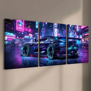 3-count wooden frame canvas, neon urban supercar e-sports style art poster, modern family poster, fashionable living room decoration art, suitable for corridor, office, room and bedroom decoration, waterproof printing