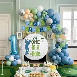 Golf 1st Birthday Party Kit Blue Green Cream White Balloon Arch Banner & Number 1 Foil Decor Set