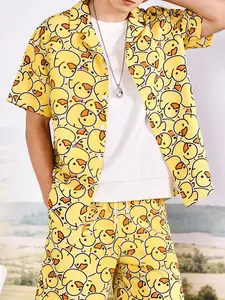 Men's Cute Yellow Duck Printing 2-Piece Loungewear Set - Short-Sleeve Shirt + Matching Drawstring Shorts, Soft Breathable Fabric, Relaxed Oversize Fit, Perfect for At-Home Lounging, Weekend Relaxation & Casual Indoor Activities