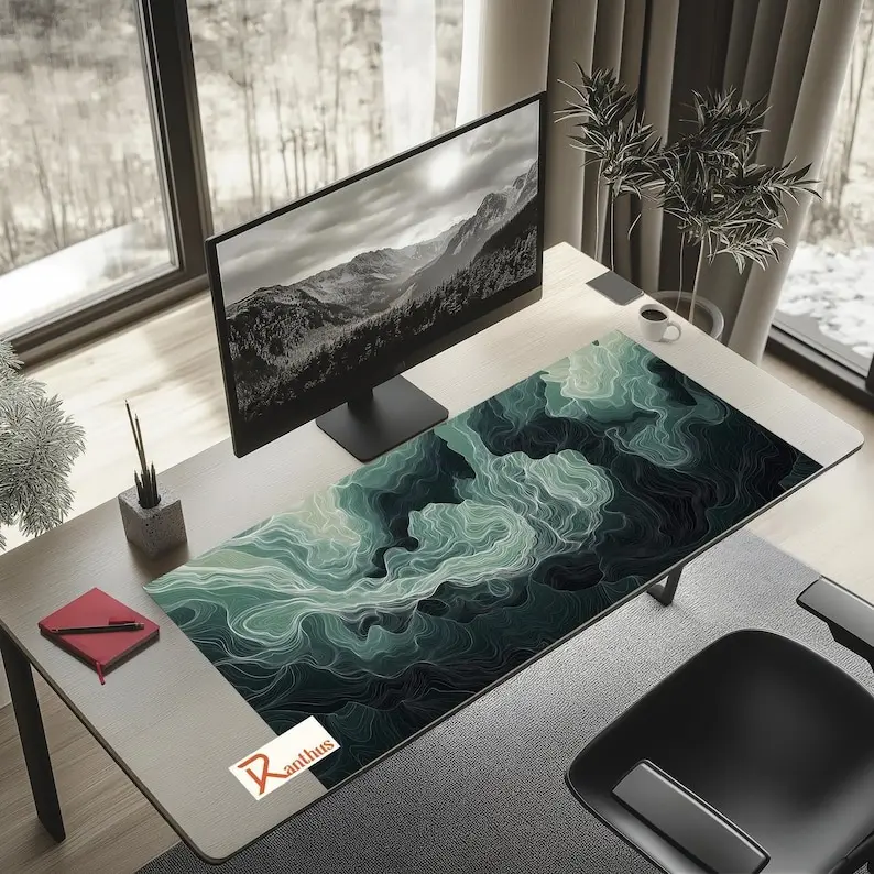 Wave Pattern Desk Mat. Teal, Dark Gray, White Tones. Mousepad, Keyboard Pad, Desk Decoration.