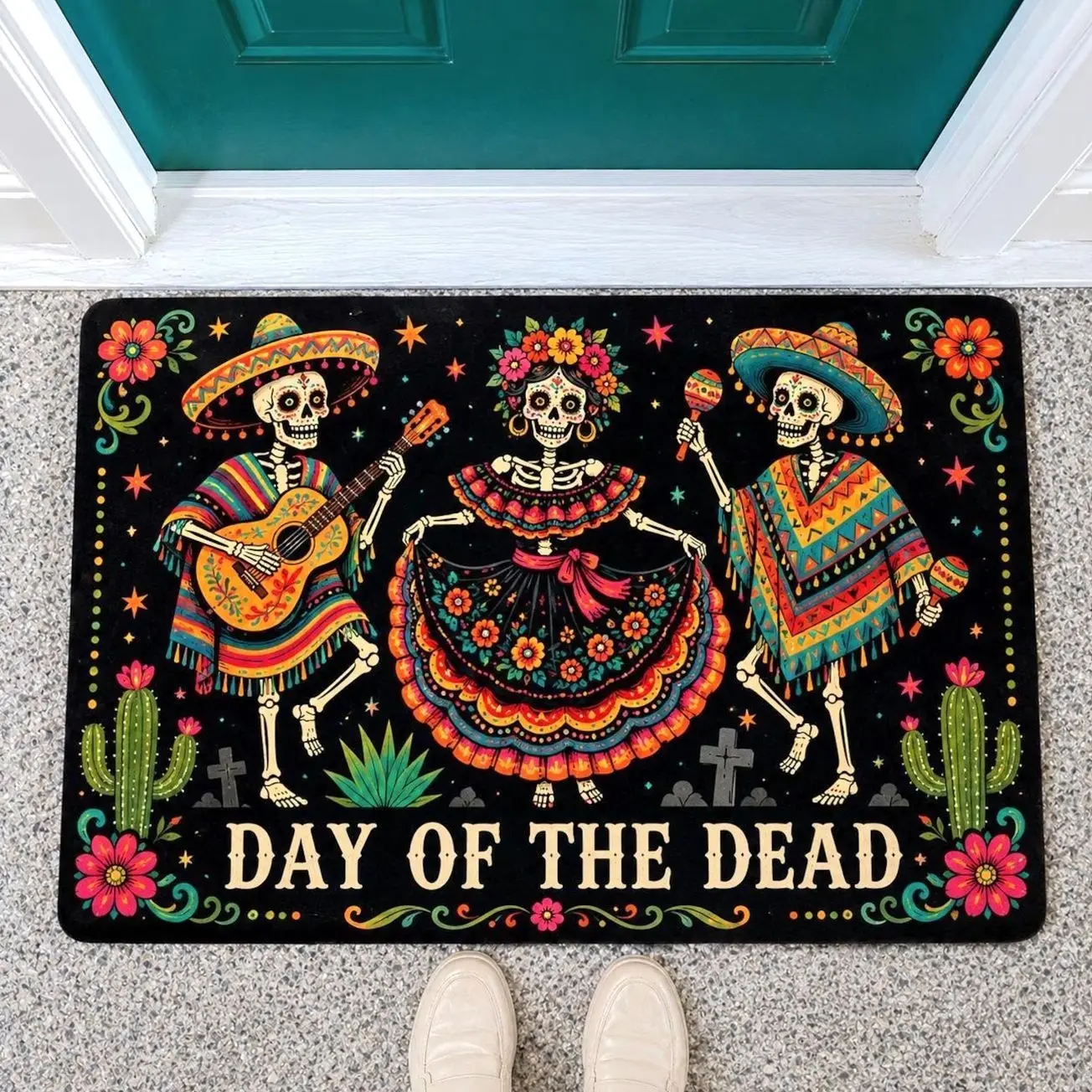 Day Of The Dead Doormat, Dia De Los Muertos Welcome Mat, Sugar Skull Skeleton Halloween Door Mat, Mexican Porch Decor