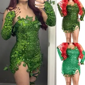 Deluxe Green Ivy Costume for Women, Sleeveless Sequin Fake Leaves Dress with Gloves Set, Stylish Indoor & Outdoor Wear, Perfect for Daily Wear, Themed Parties & Events Womenswear Clothes
