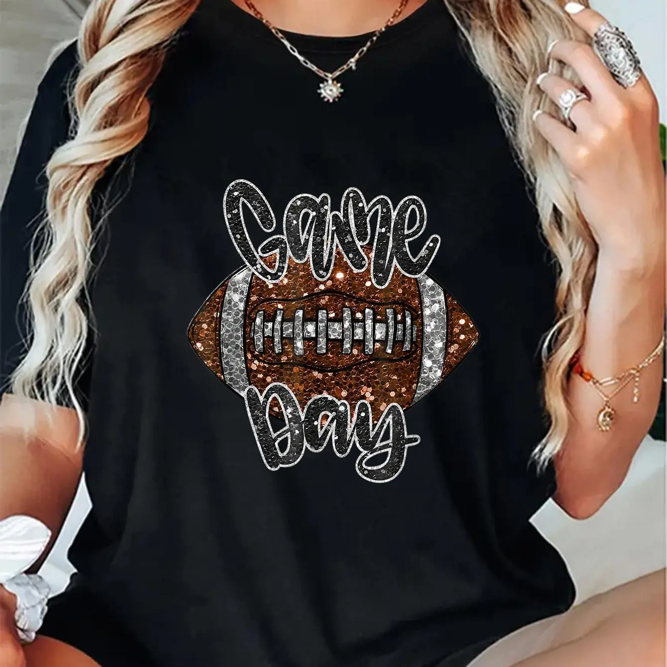 Fashion Tshirt Game Day Football Bling Bling Football Lover Fall Autumn T-Shirt