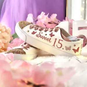 Quinceañera Butterfly Style Rose Gold Sweet 15 Custom Sneakers with "Sweet 15" Design, Casual Fashion Women's Flat Shoes - Girl