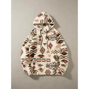 Men's ethnic style geometric printed fleece hooded sweatshirt - Loose fit, tribal pattern, soft and comfortable fabric, suitable for daily casual wear, street retro trend and home outfit, Christmas gift, Graphic print hoodie