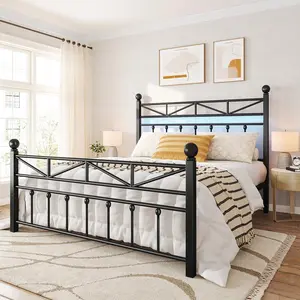 [RaybeeBrandyDay]Raybee Furniture Iron-Art Vintage Queen Size Metal Bed Frame with Tall Headboard & Foot board, LED Lights, Under Bed Storage,Noise Free, Black,White,Single,Full Size [BlackFridayCyberMonday]