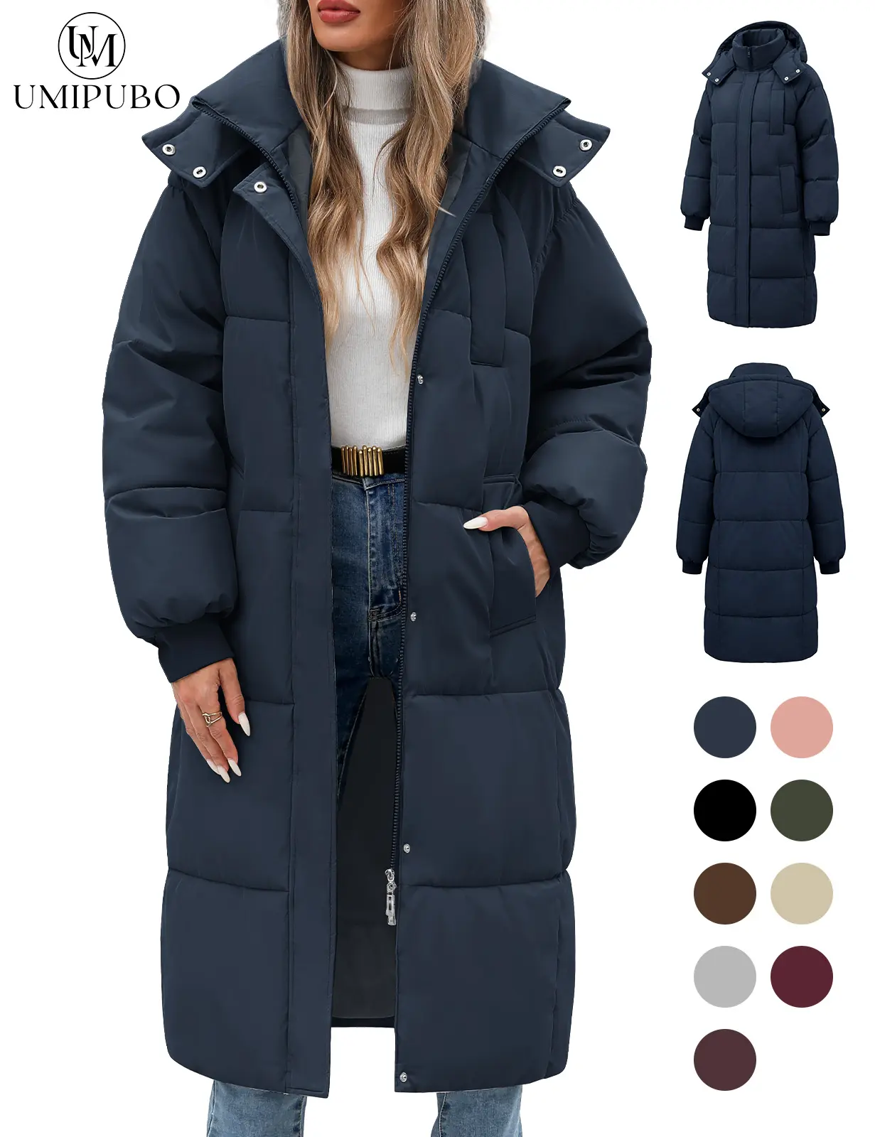 UMIPUBO Women's Long Quilted Parka - Long Sleeve, Casual, Down-Alt Filling, Winter Thick Warm, Hooded, Full Front Zipper Seals in Warmth, Zip-Up, Pockets, Pairs Easily with Hoodies and Jeans Outerwear