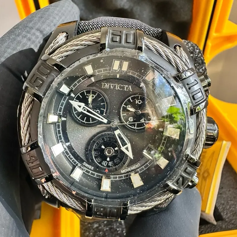 Invicta Bolt Men's Chronograph Watch - 52mm Round Watch Face, Black Steel Cable Bezel, Stainless-Steel Band, Luminous, Swiss Movement, Unique Gifts for Man