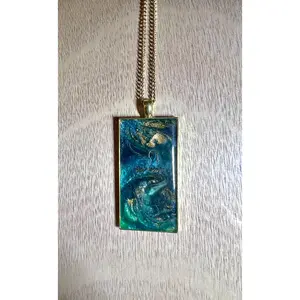Green, Blue, and Gold Large Rectangle Resin Pendant Necklace