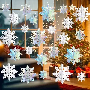 24pcs 3D Snowflake Hanging Decorations, Laser Snowflakes Pendants, Christmas Winter Holiday Party Supplies, Various Sizes