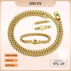 Set 2Pcs 14K Gold Vacuum Plated Stainless Steel With Bullet Black "S" Ear Copper Clasp Miami Cuban Link Chain 6mm Necklace&Bracelet Italy Mexico & Micro Inspired for Women & Men Luxury Jewelry,Daily Wear,Fashion,Classic,Hip Hop,Simple,Sporty,Lgbt