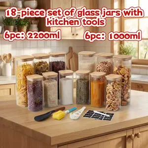 18-piece square glass jar and kitchen tool set, 6 pieces: 2200ml , 6 pieces 1000ml , wide-mouth transparent glass food storage container, which can be used to store coffee beans, noodles, nuts and other glass kitchen utensils; A good gift