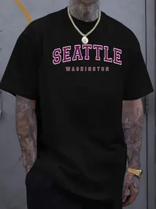 Seattle Washington" Letter Print Men's T-Shirt - Casual & Comfortable Polyester, Crew Neck, Short Sleeve, Versatile Summer Tee, Machine Washable, Versatile Casual Top|Modern Fashion Tee|Nontransparent Material