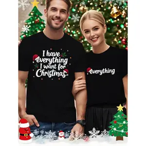 Matching Couple's Pink Christmas T-Shirts - His & Hers "I Have Everything I Want for Christmas" Slogans, Short Sleeve Round Neck Tees with Holly Berry Print, Machine Washable Holiday Outfits for ( &)