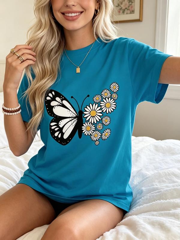 Women's Korean Style H-Type Crew Neck Butterfly Graphic Print Short-Sleeve Cropped Tee - Soft Cotton Fabric, Fitted Cut Streetwear Top