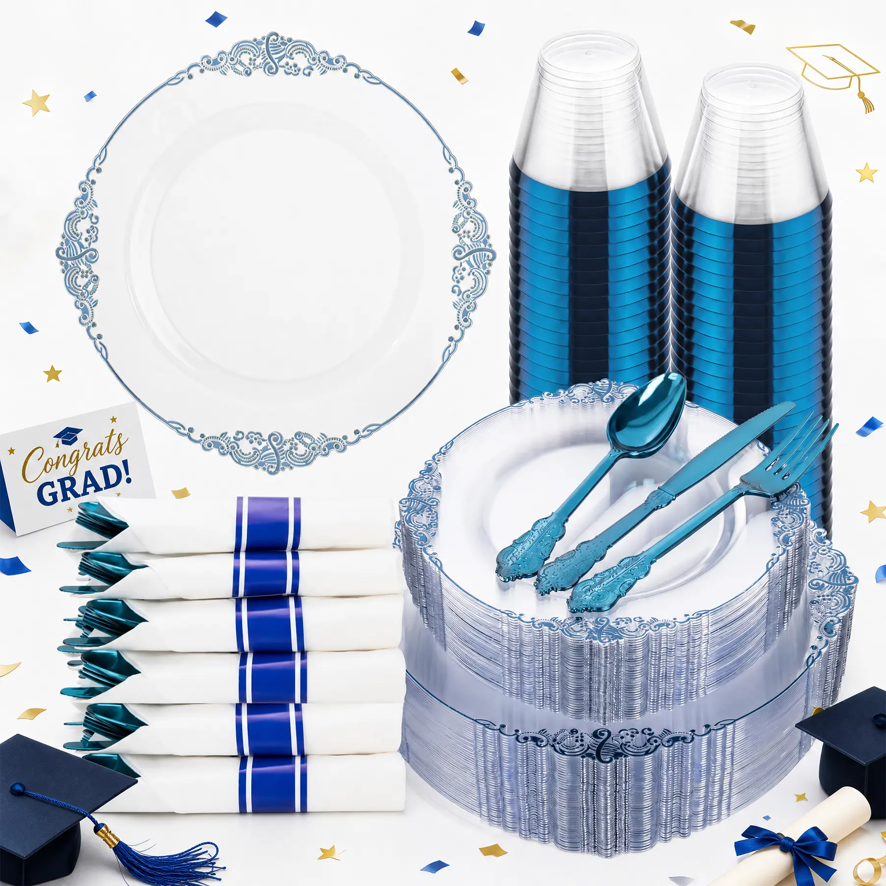 175pcs Clear and Blue Plates - Blue Party Plates for 25 Guest, Include 50 Heavy-duty Plates(20% Thicker Than Standard), 25 Pre Rolled Gold Plastic Silverware Set, 25 Cups for Graduation