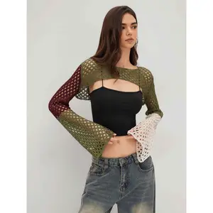 Cider Knit Hollow Out Colorblock Crop Shrug