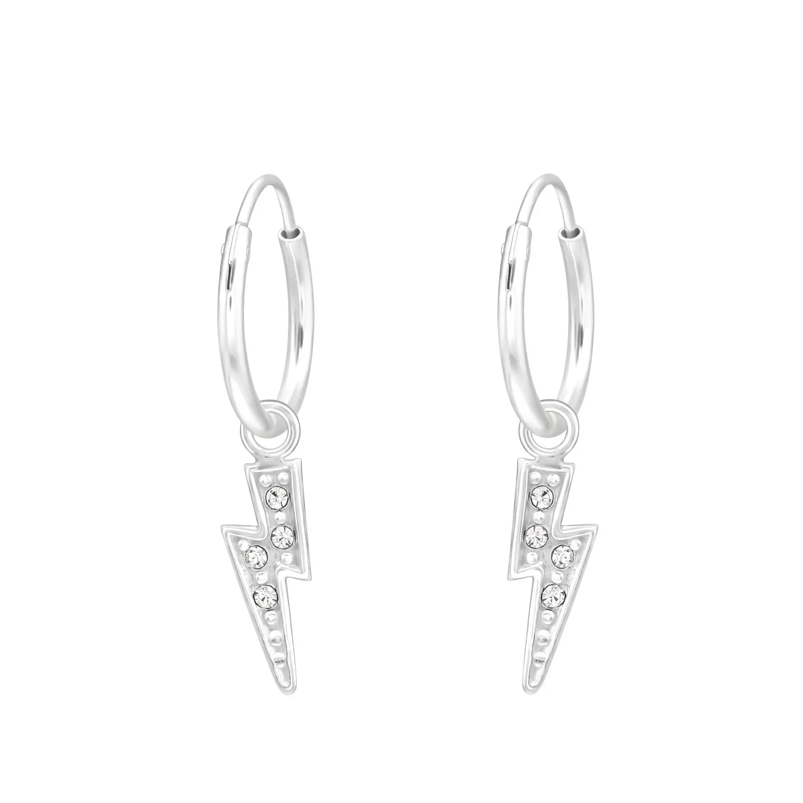 Hanging Lightning Bolt 925 Silver Hoop Earrings with Crystals