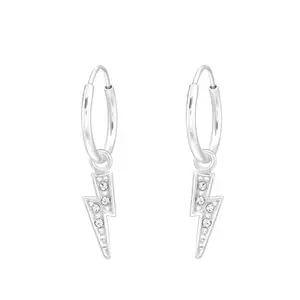 Hanging Lightning Bolt 925 Silver Hoop Earrings with Crystals